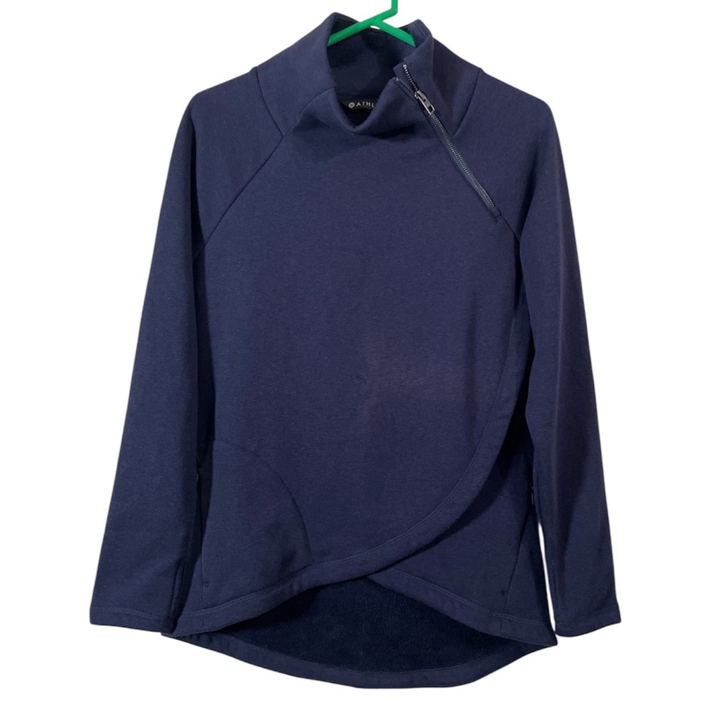 Athleta Cozy Karma Asymmetrical Pullover Women's Size XS Navy Blue Fleece Mock